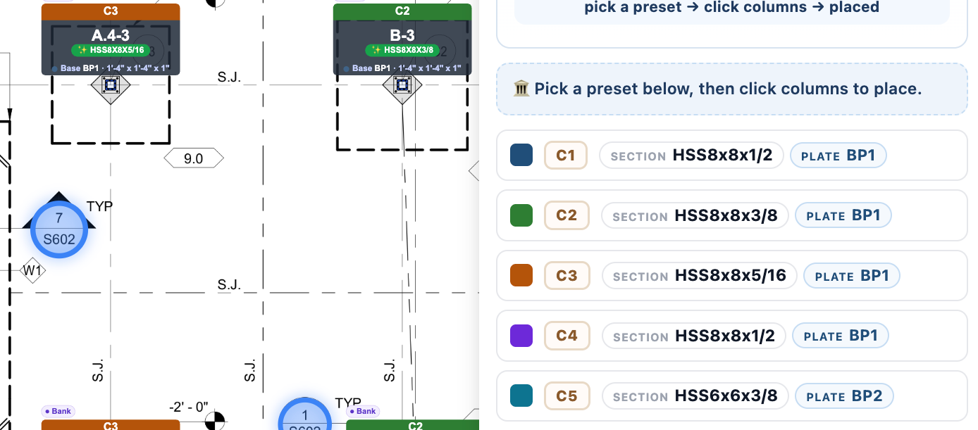 Column types built from the schedule, ready to review and apply across the drawing: C1 through C5 presets with HSS8x8 and HSS6x6 sections and BP1 and BP2 plates, beside a framing plan where columns A.4-3 and B-3 already carry their C3 and C2 marks