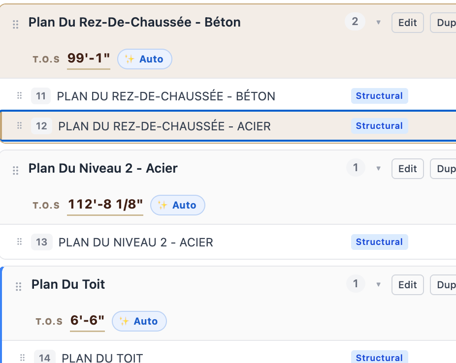 French floor naming, structural classification and elevations are recognized automatically: Plan Du Rez-De-Chaussée - Béton, Plan Du Niveau 2 - Acier, and Plan Du Toit, each classified Structural with an auto-detected top of steel