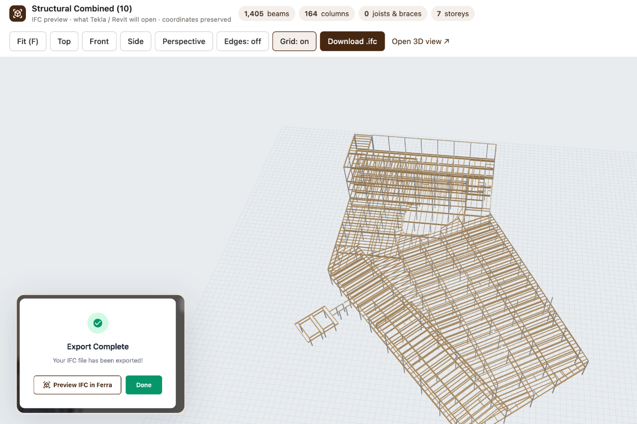 IFC preview of a Structural Combined model inside Ferra, 1,405 beams, 164 columns and 7 storeys in a 3D wireframe, with the Export Complete dialog offering Preview IFC in Ferra