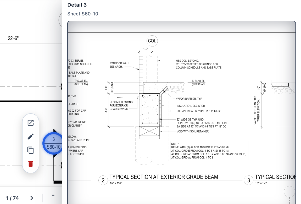 A selected callout, its edit toolbar and the linked detail it points to, all on the drawing canvas: callout 3 on sheet S60-10 opening Detail 3, a typical section at exterior grade beam