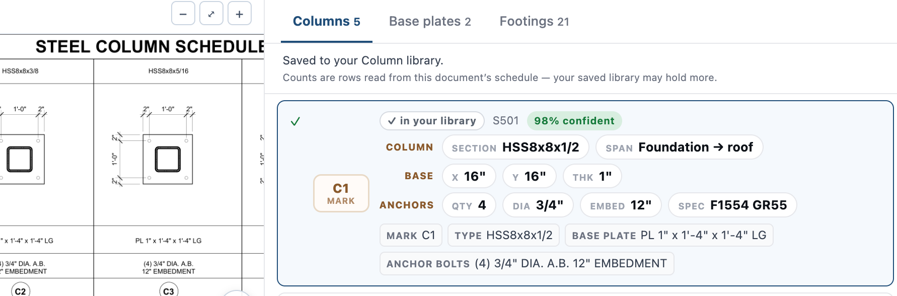 Ferra reads the schedule, builds the library entries, and keeps the source beside the extracted data: the steel column schedule on the left, and on the right the C1 mark from sheet S501 at 98% confidence, HSS8x8x1/2 from foundation to roof, a 16 by 16 by 1 inch base plate and four 3/4 inch F1554 GR55 anchor bolts, already saved to the column library