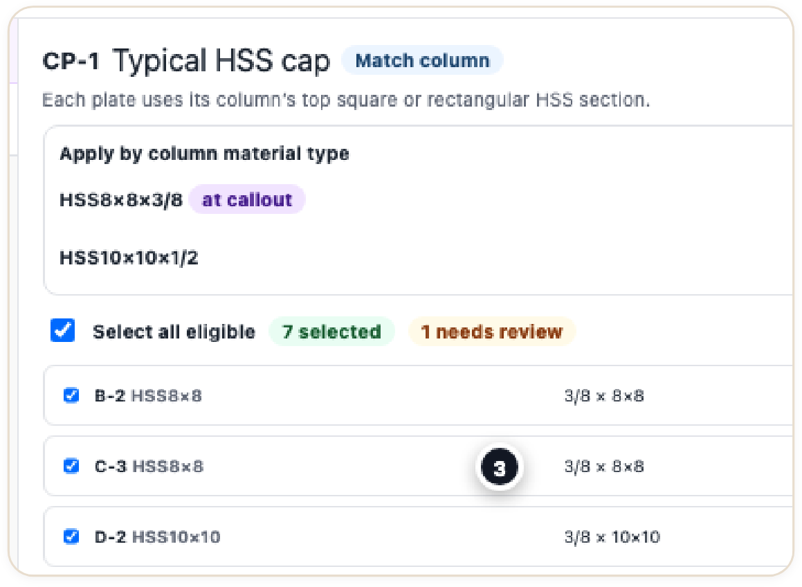 CP-1 Typical HSS cap, set to match the column, applied by column material type to HSS8x8x3/8 and HSS10x10x1/2 columns, with 7 selected, 1 needing review, and each column's plate size listed, such as 3/8 x 8x8 for B-2 and 3/8 x 10x10 for D-2