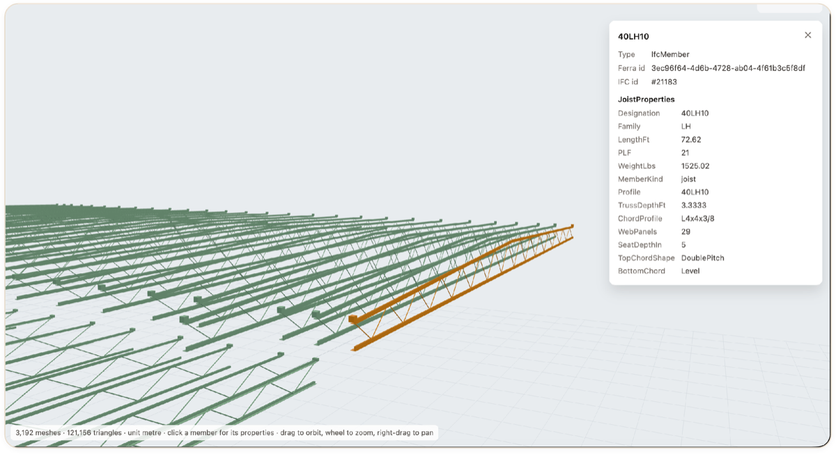 A selected 40LH10 joist in the 3D model, with its IfcMember type and JoistProperties panel listing designation, family, length, PLF, weight, chord profile, web panels and top chord shape