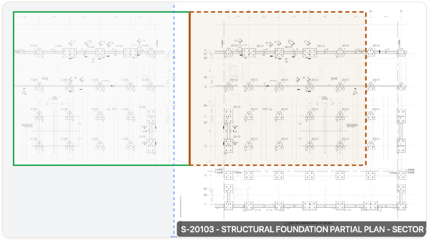 A source region outlined in green and its mirrored result outlined in dashed orange on sheet S-20103, Structural Foundation Partial Plan