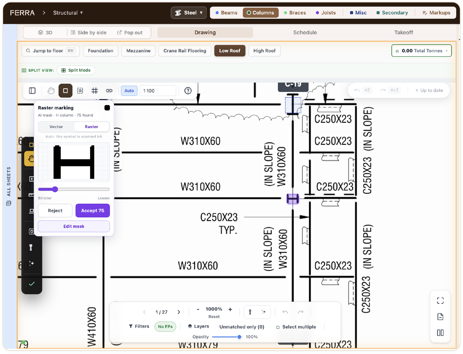 Raster marking on a scanned roof plan: the Raster marking panel shows an AI mask for an H column with 75 found, a Vector and Raster switch, a Stricter to Looser slider, and Reject, Accept 75 and Edit mask buttons beside the matched column symbols