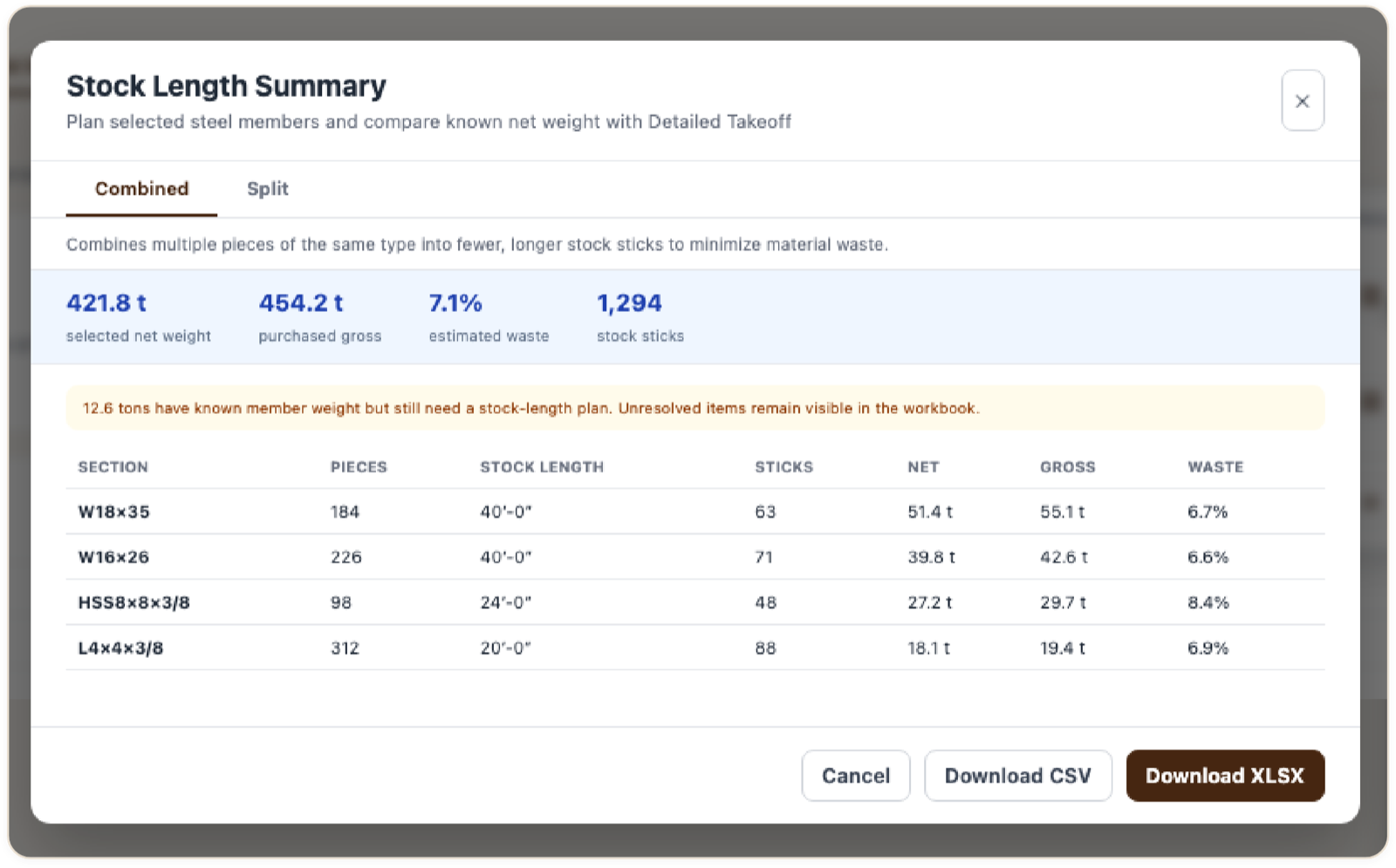 Stock Length Summary in its Combined view: selected net weight against purchased gross weight, estimated waste and stock sticks at the top, net, gross and waste for each section below, a note on tons that still need a stock-length plan, and Download CSV and Download XLSX buttons