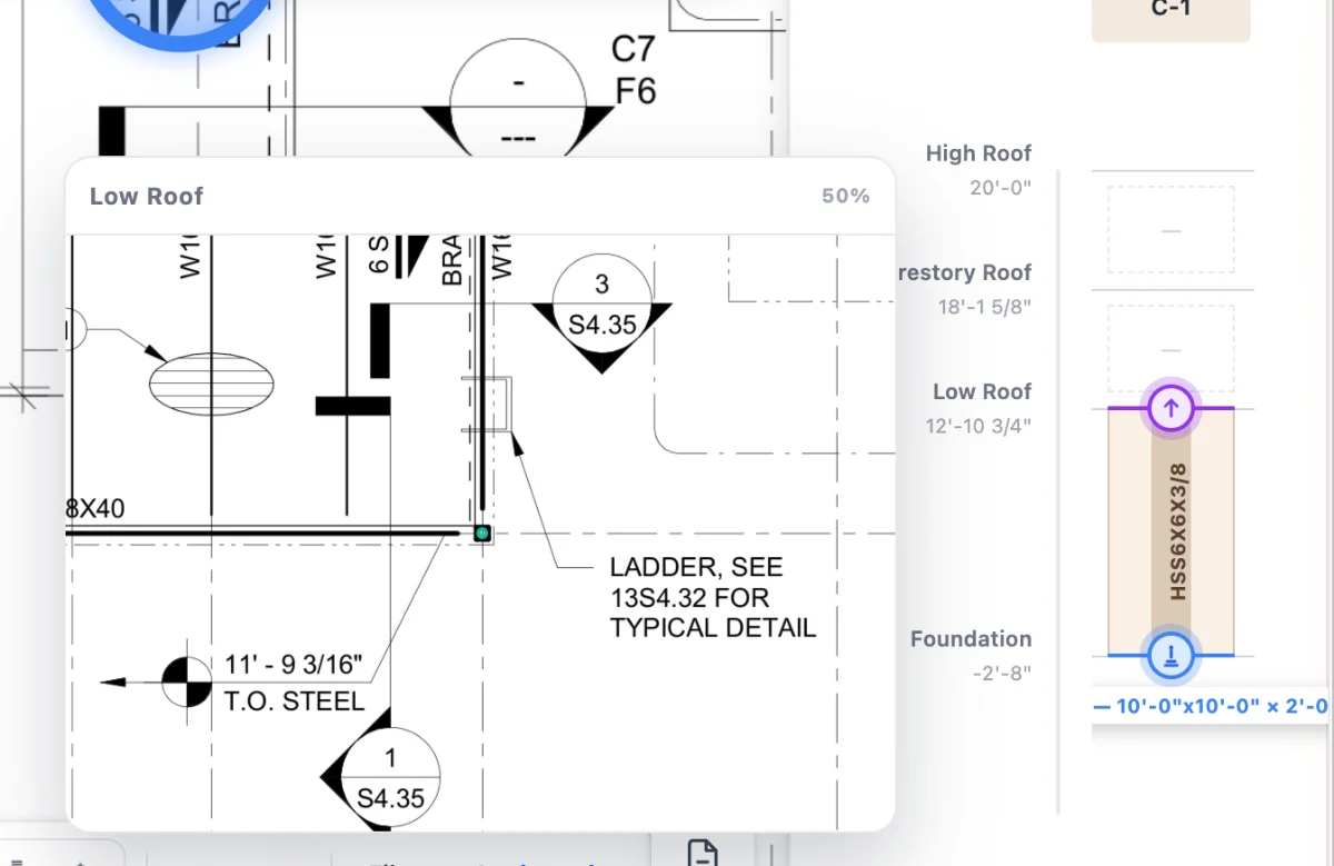 Column stack on a framing plan: Low Roof hover at 50%, an HSS6X6X3/8 splice, and the elevation panel with High Roof through Foundation
