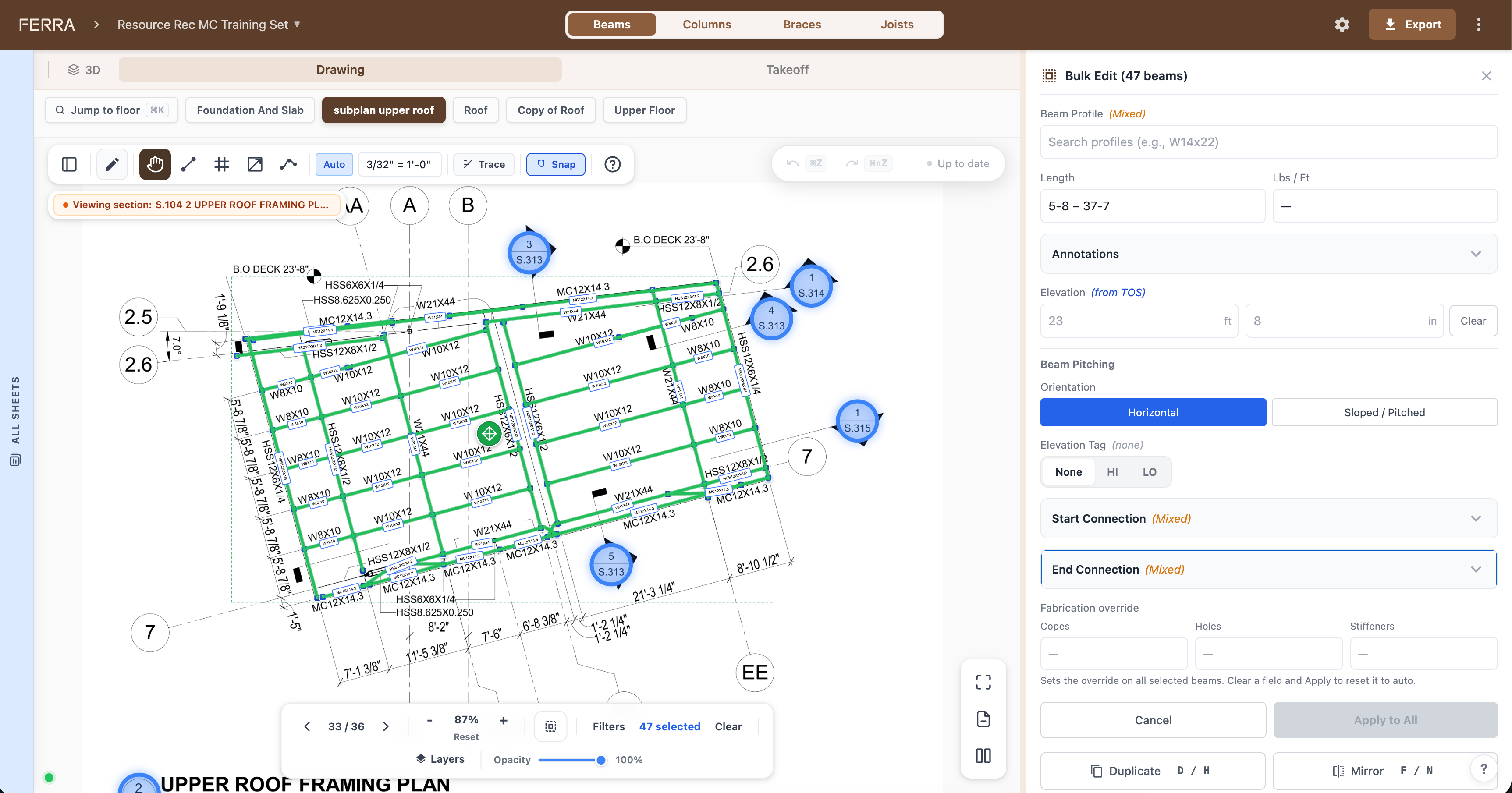 Bulk Edit of 47 beams on an upper roof framing plan: green detected members, elevation tags from TOS, and start/end connection fields