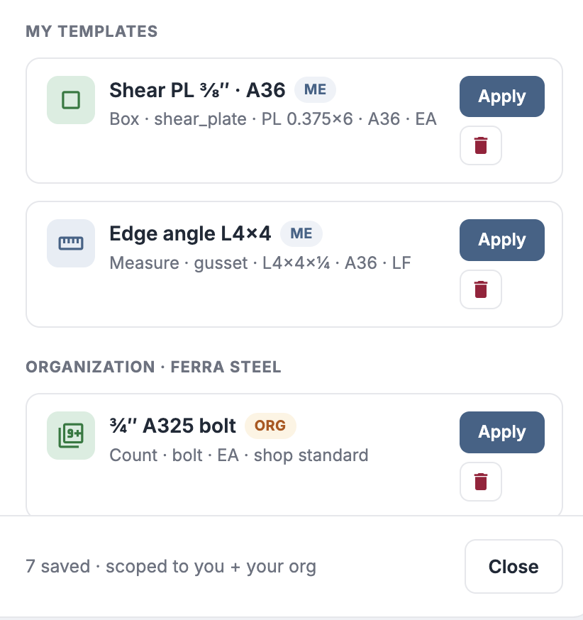 Markup template library listing personal templates for a shear plate and an edge angle plus an org-wide A325 bolt standard, each with one-click Apply