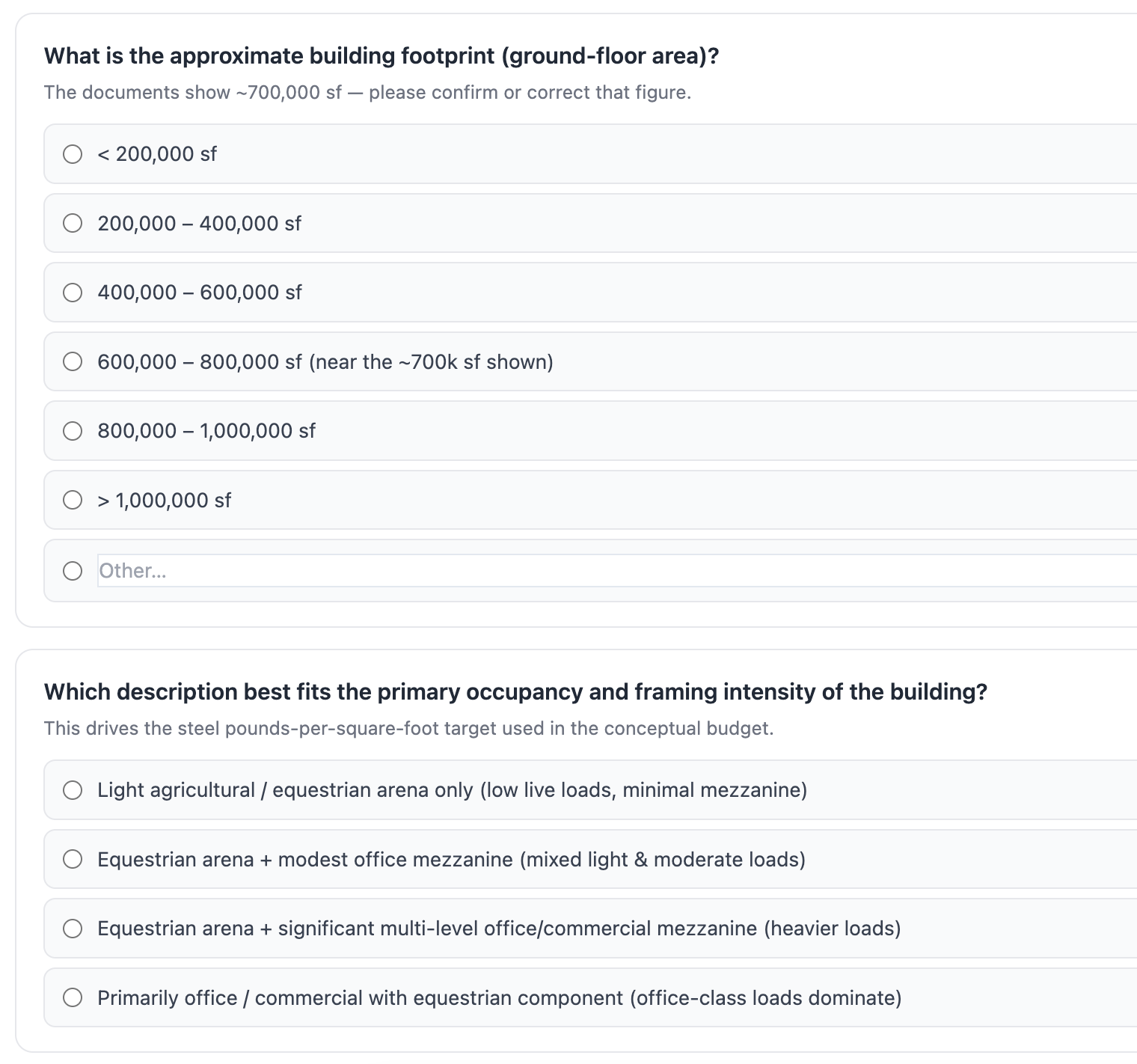 Conceptual questions in Rapid Estimate: building footprint ranges pre-filled around the ~700,000 sf read from the documents, and occupancy options from light equestrian arena to office-dominant