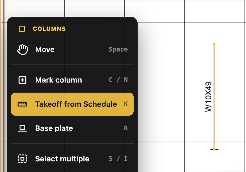 Columns tool menu with Takeoff from Schedule selected, next to a W10X49 column traced along the drawing's own line on the schedule sheet