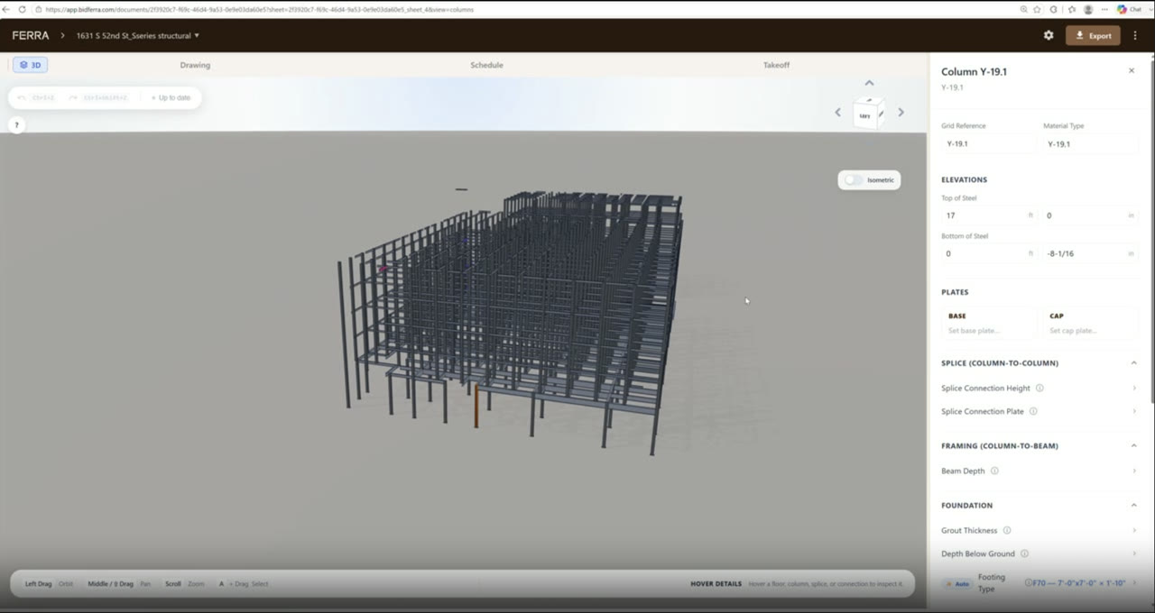 Gridiron Steel structural takeoff in Ferra
